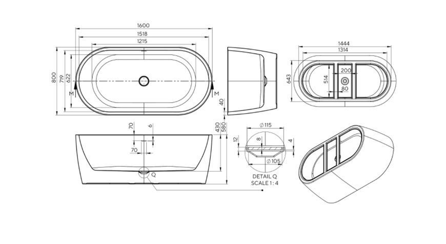 Ванна акрилова окремо стояча суцільнолита PureLine 1600x800 White /MattBlack з сифоном 0266251501 фото